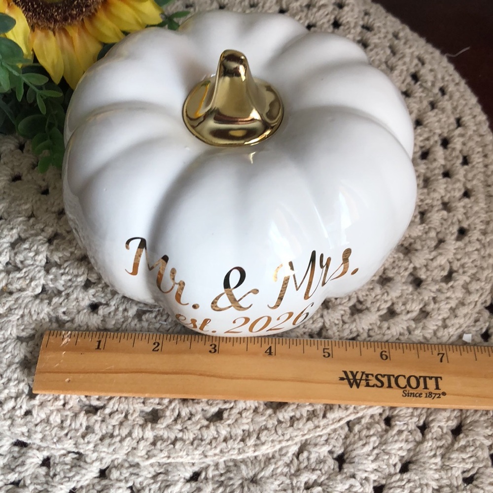 Mr. & Mrs. Est. 2026 White Ceramic Pumpkin with Gold Accent - Wedding Decor - Picture 4 of 5